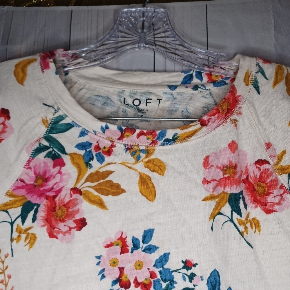 LOFT 100% Cotton Long Sleeve Floral Print Top - Cream and Pink Size S - Picture 5 of 16